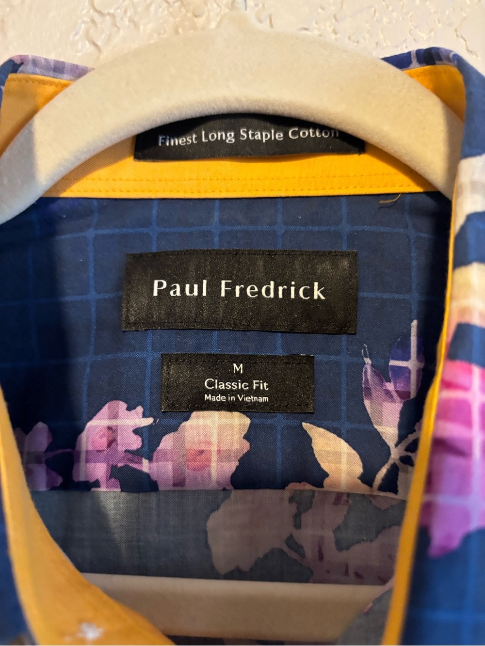 Paul Fredrick Navy Blue Floral Casual Button-Down Shirt with Yellow Trim